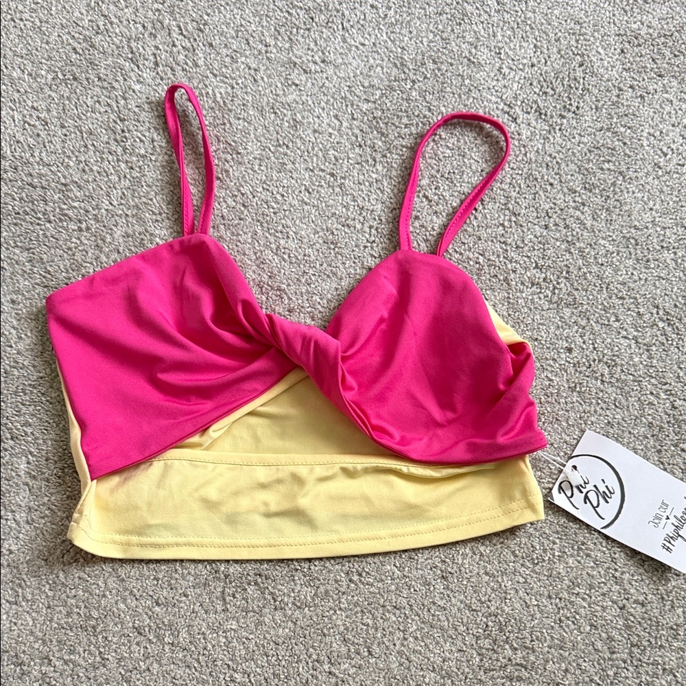 Pink and Yellow Colorblock Swim Top
